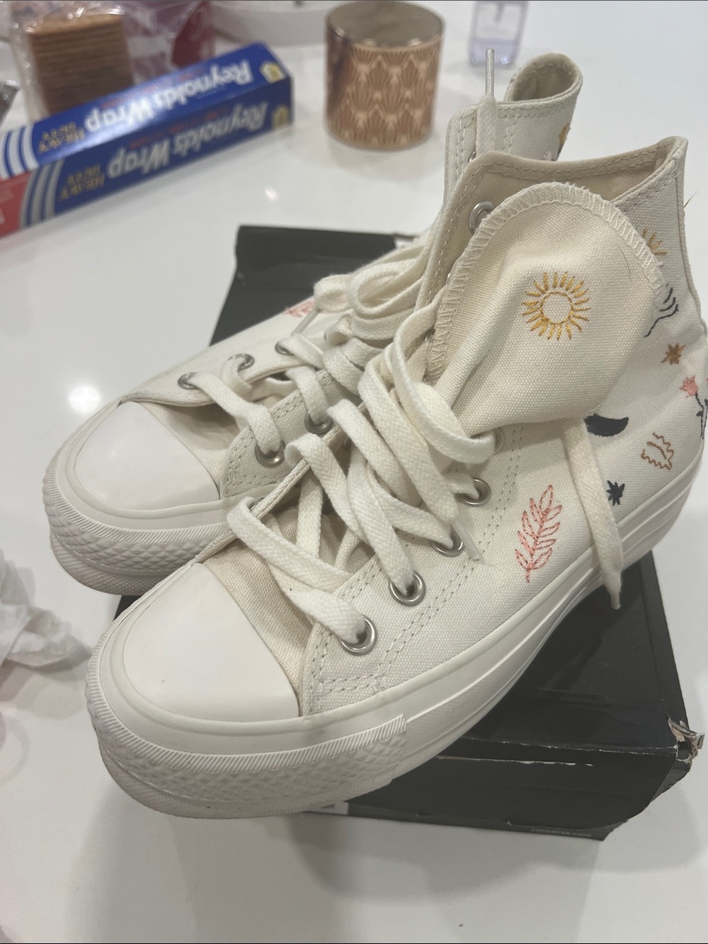 Converse Cream High-Top Sneakers with Sun & Embroidered Motifs
